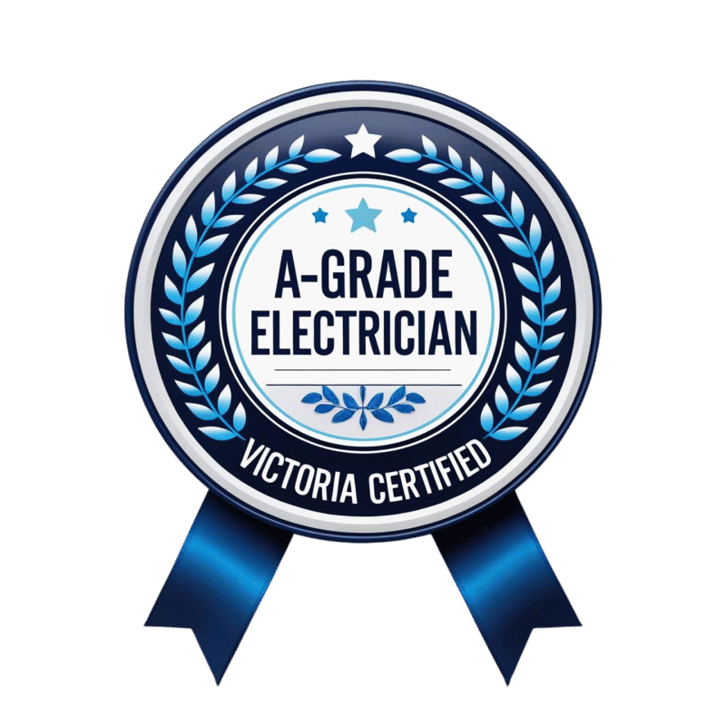 A-Grade Electrician icon with Victoria certified badge, premium quality electrician certification symbol, representing highly skilled electrical services in Bayside.